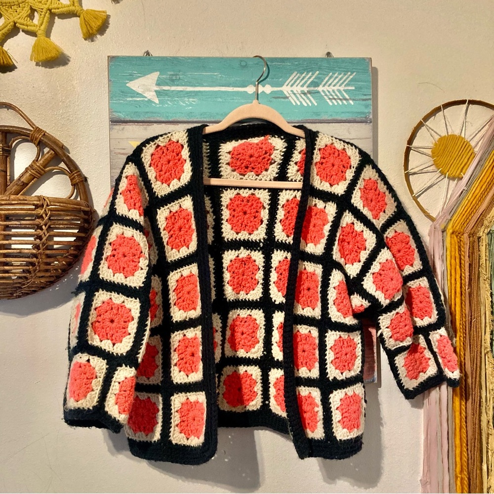 Handmade Granny Square Crochet Knit Colorful Cardigan Sweater
